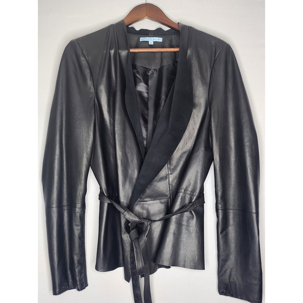 Antonio Melani Black Leather Jacket Size Large Belted Lightweight Stretch Classy